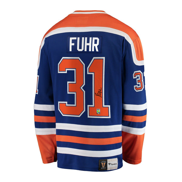Upper Deck Grant Fuhr Autographed & Inscribed Authentic Mitchell & Ness Edmonton Oilers Blue Jersey