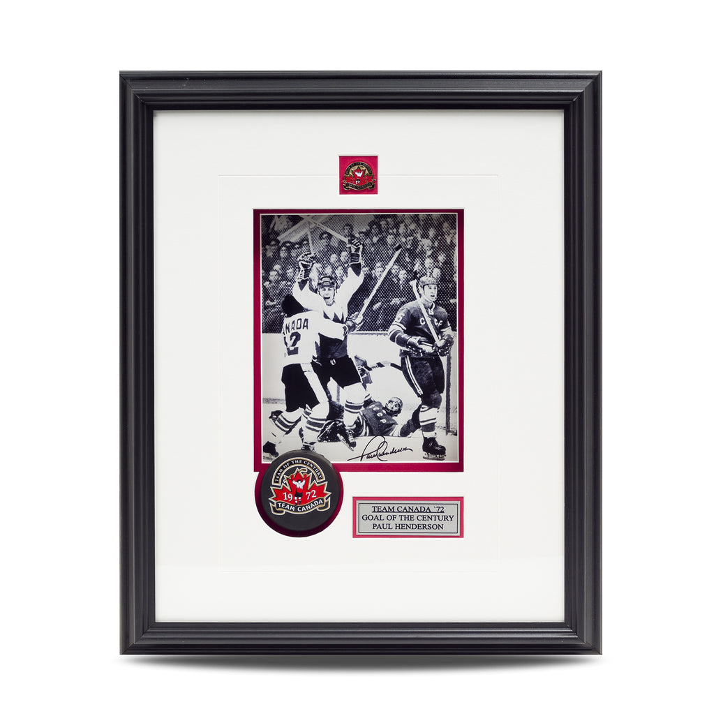 Paul Henderson a signé « The Goal » 8 x 10 photo N/B avec rondelle