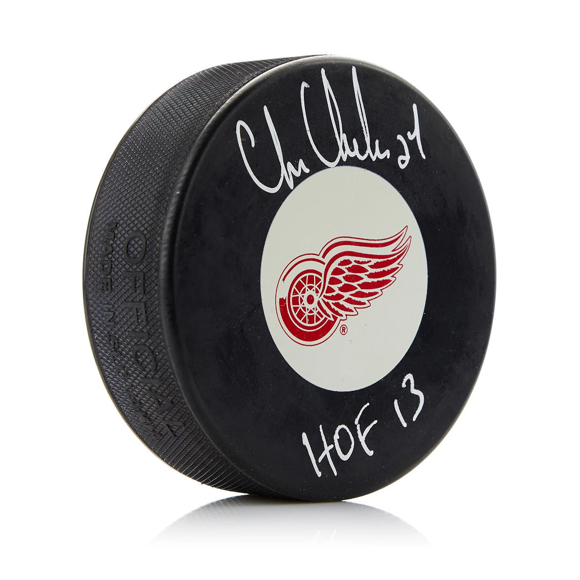 Disco de los Detroit Red Wings firmado por Chris Chelios 