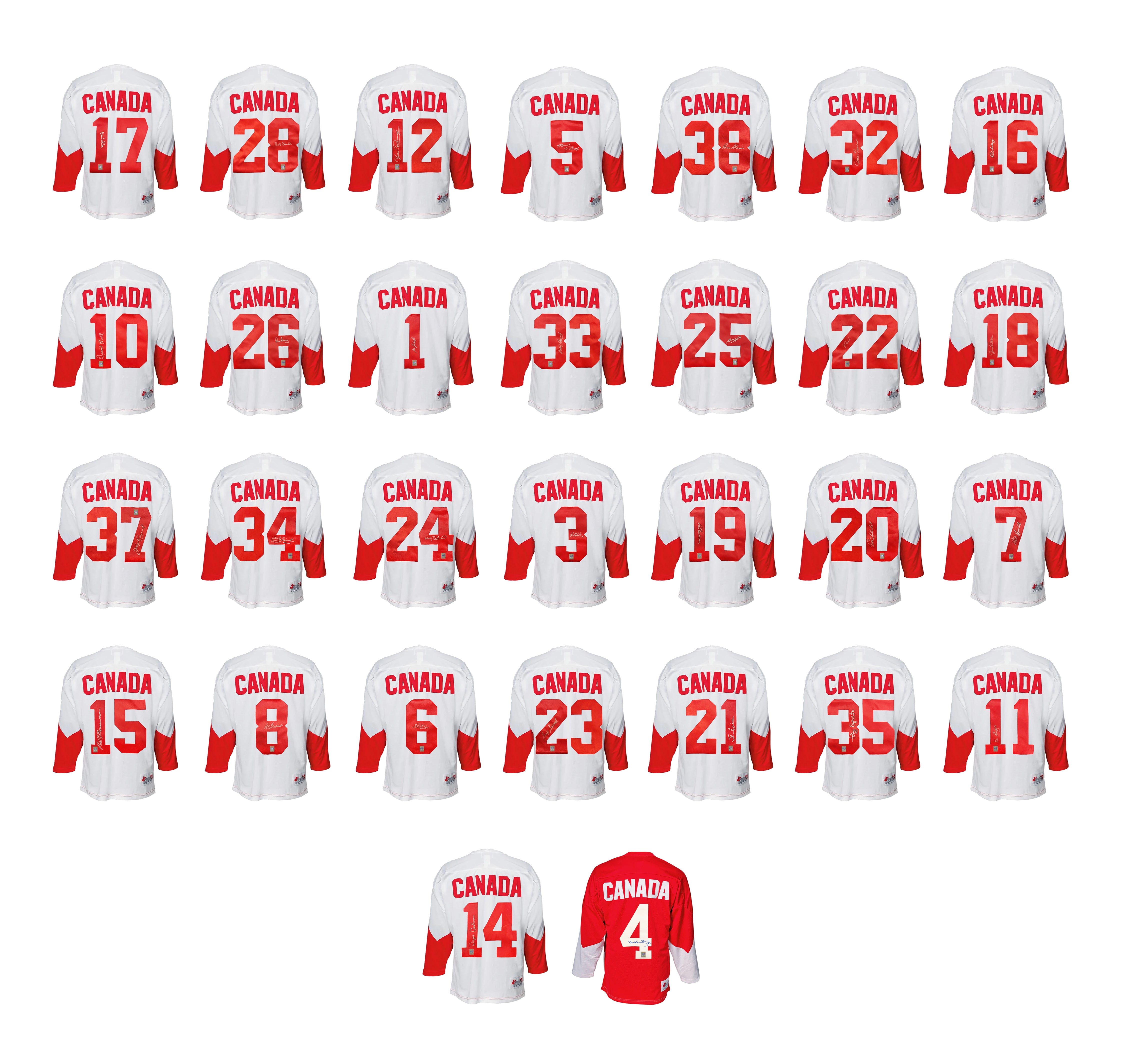 Ensemble de 31 maillots autographiés de l'équipe du Canada et de l'Union soviétique de la série Summit 1972