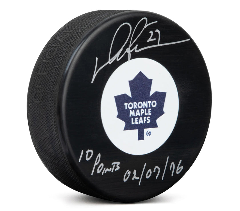 Darryl Sittler Signed Toronto Maple Leafs Puck with 10 Point Night Note