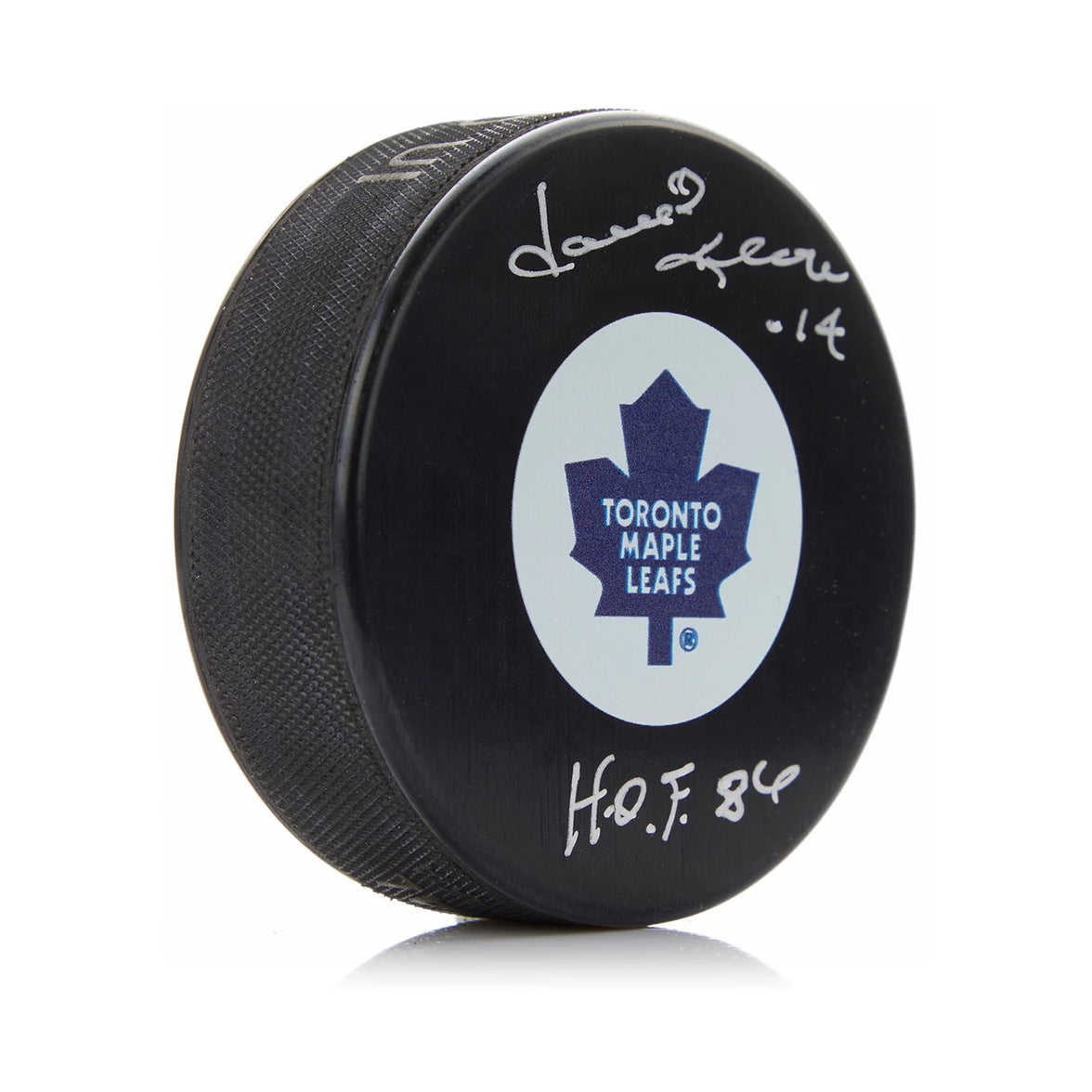 Disco de los Toronto Maple Leafs firmado por Dave Keon con nota del HOF
