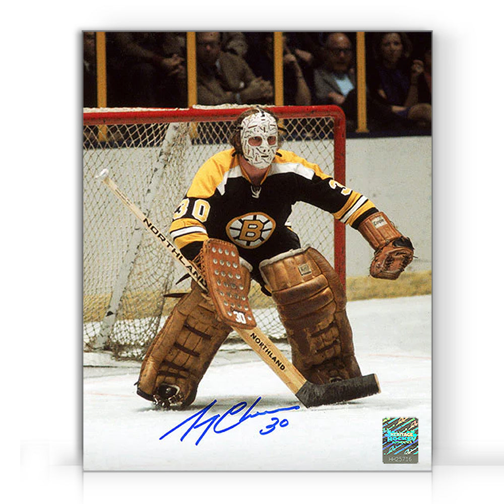 Photo signée par Gerry Cheevers du gardien de but des Bruins de Boston 8 x 10