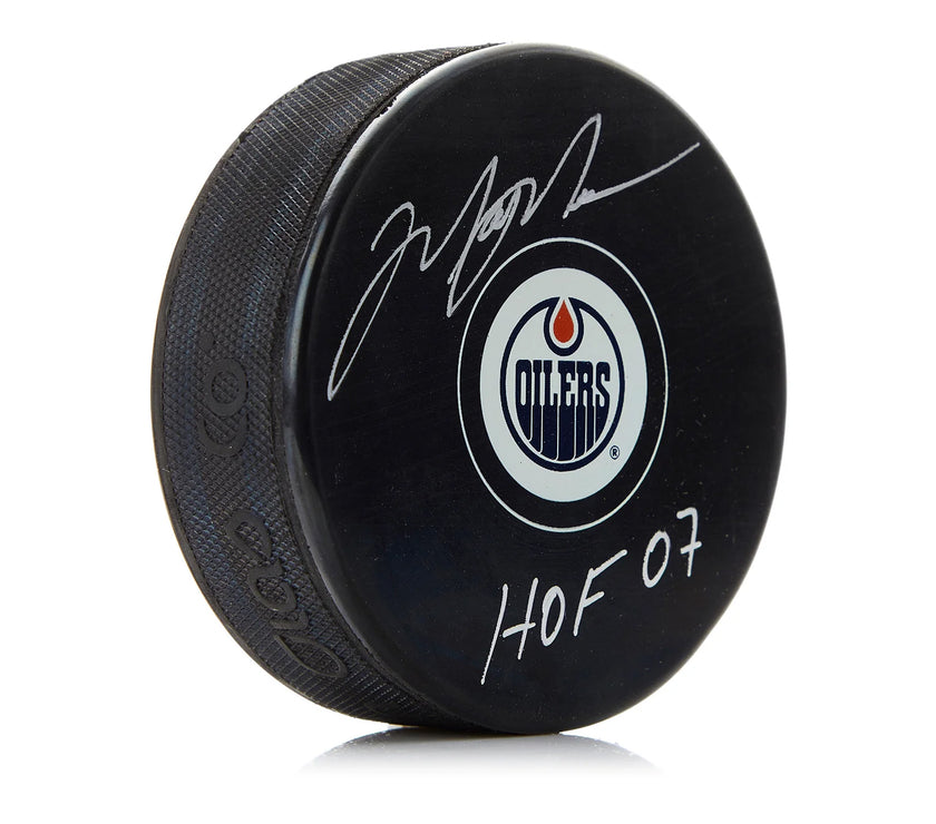 Mark Messier Signed Edmonton Oilers Puck with HOF Note