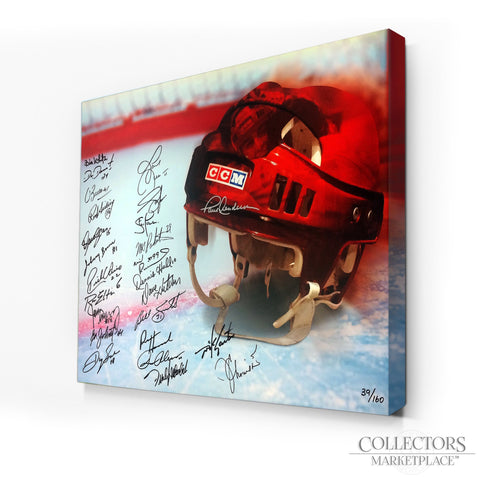 Impression sur toile de casque de hockey vintage en édition limitée multi-signée - 25 signatures