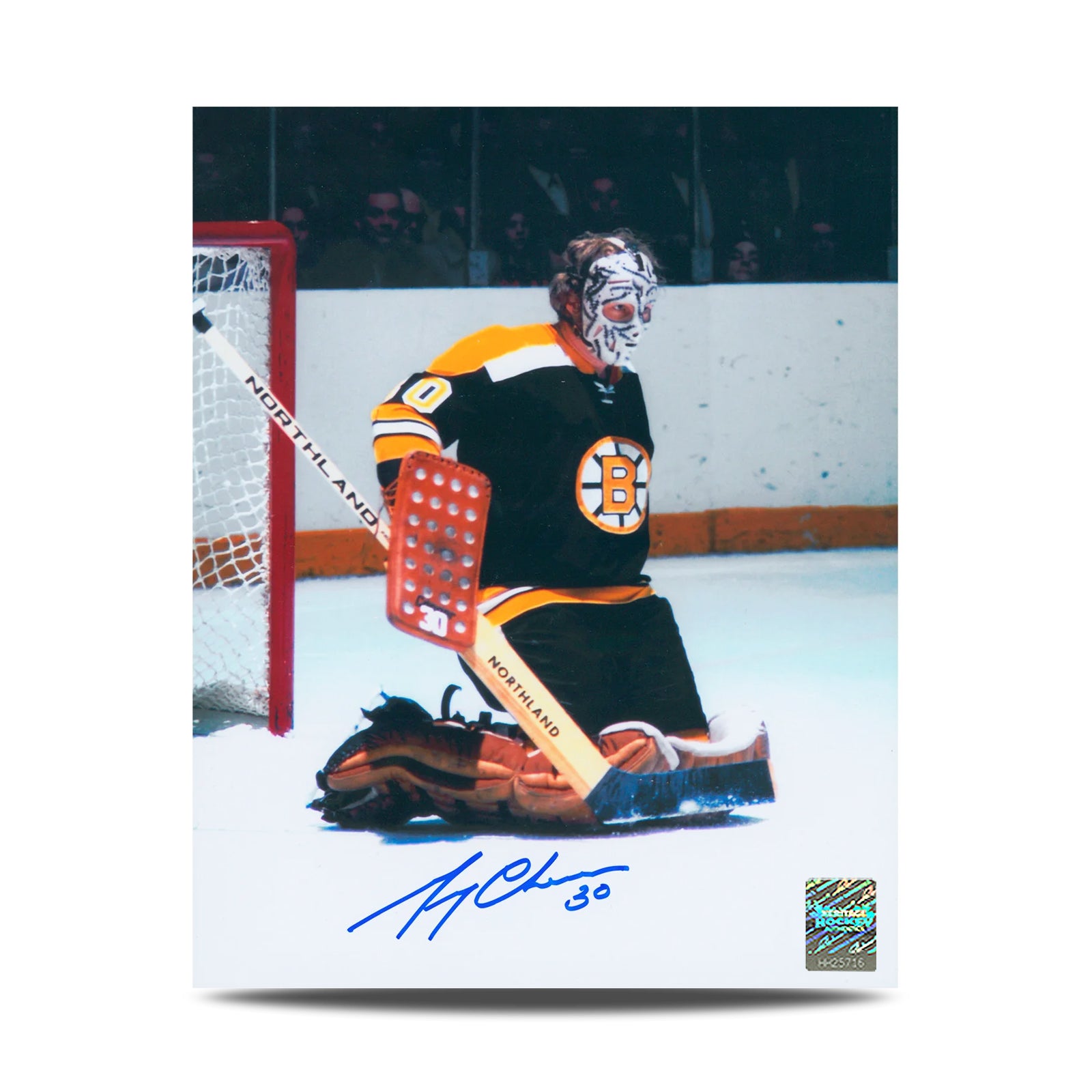 Fotografía de 8 x 10 firmada por Gerry Cheevers, portero de los Boston Bruins