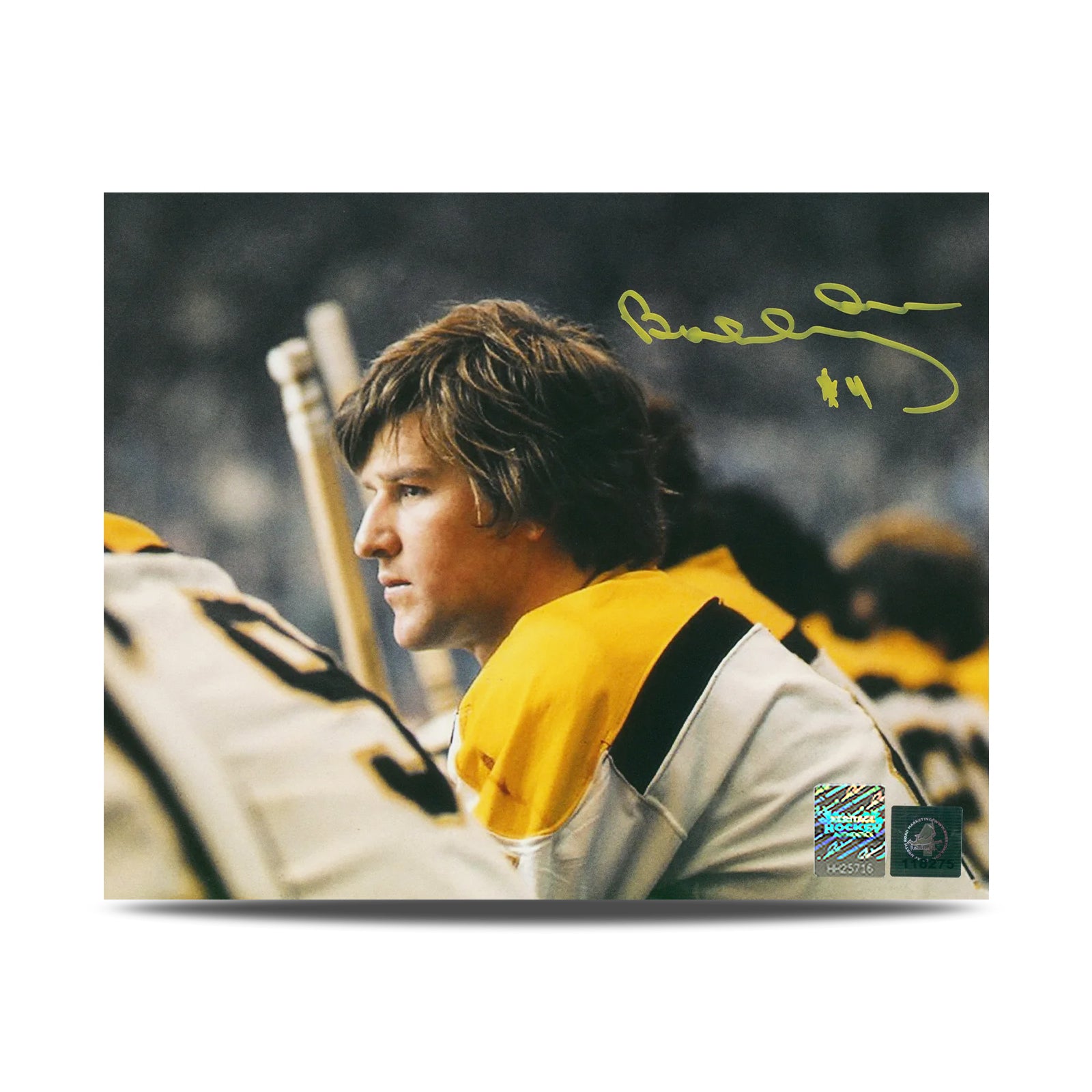 Fotografía de 8 x 10 autografiada por Bobby Orr, de los Boston Bruins, con el objetivo de destacar a los Flying Goal