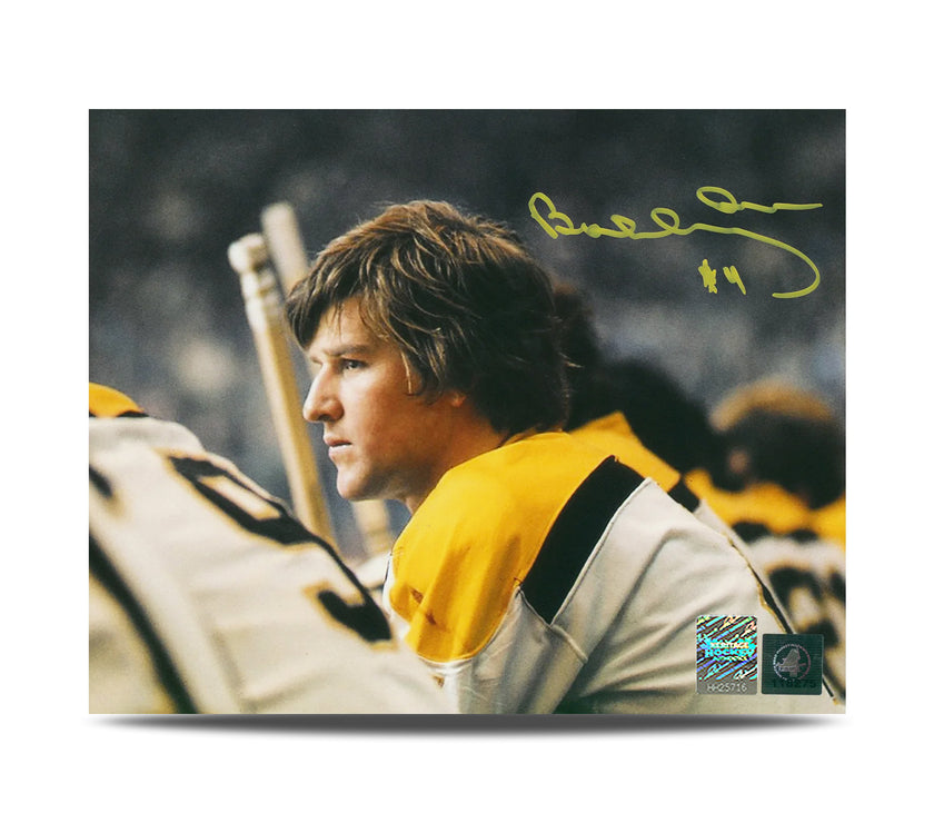 Fotografía de 8 x 10 autografiada por Bobby Orr, de los Boston Bruins, con el objetivo de destacar a los Flying Goal