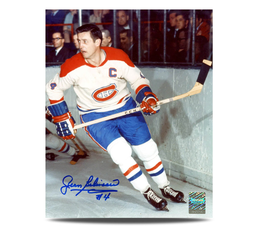 Foto de acción de 8 x 10 firmada por Jean Beliveau de los Montreal Canadiens