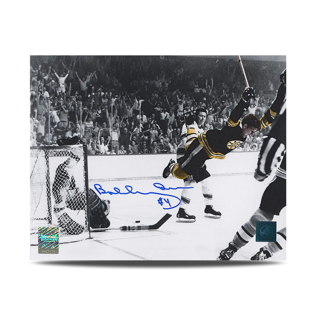 Fotografía de 8 x 10 autografiada por Bobby Orr, de los Boston Bruins, con el objetivo de destacar a los Flying Goal