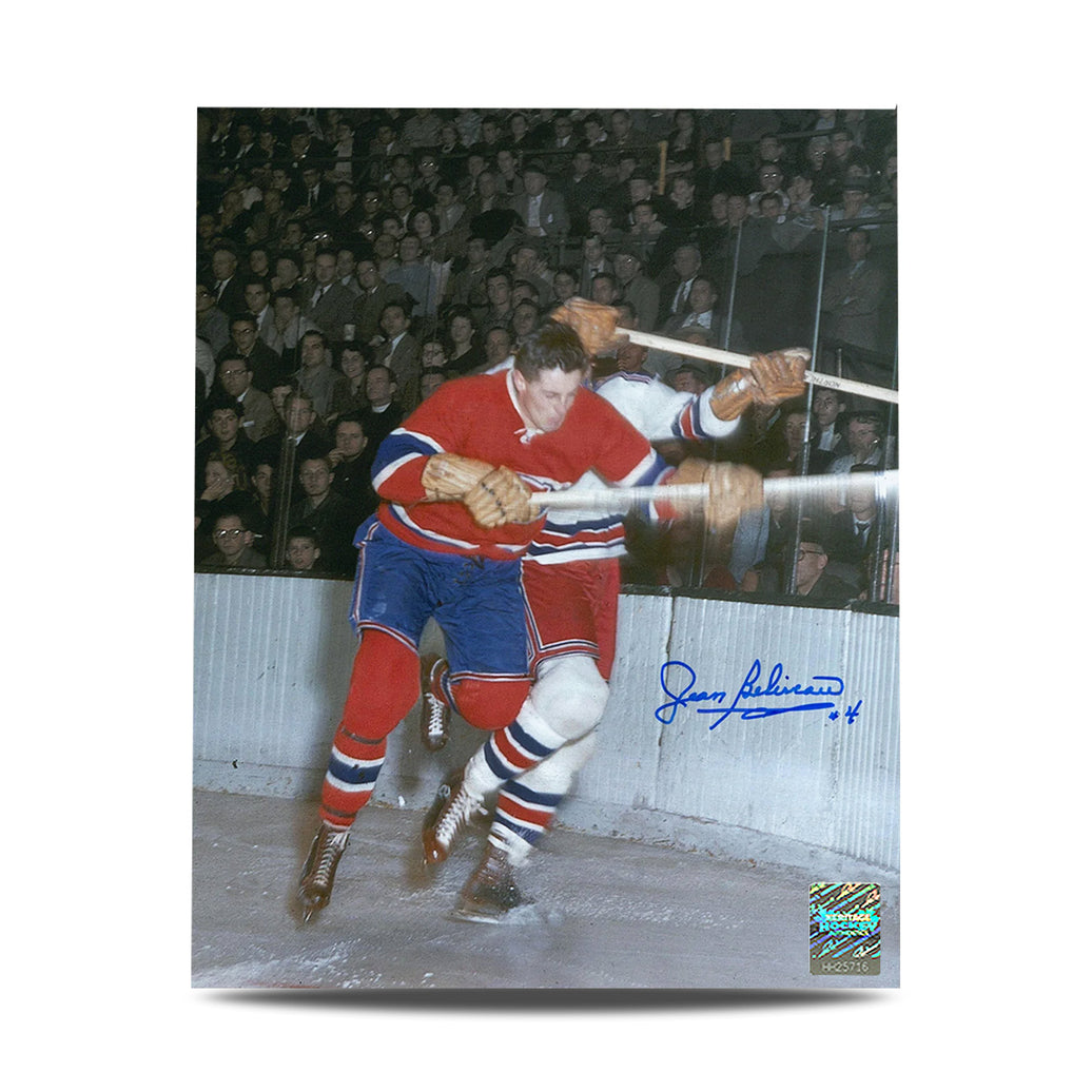 Foto de acción de 8 x 10 firmada por Jean Beliveau de los Montreal Canadiens