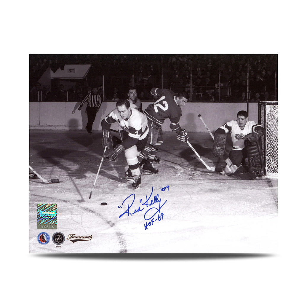 Fotografía vintage de acción de 8 x 10 de los Detroit Red Wings firmada por Red Kelly