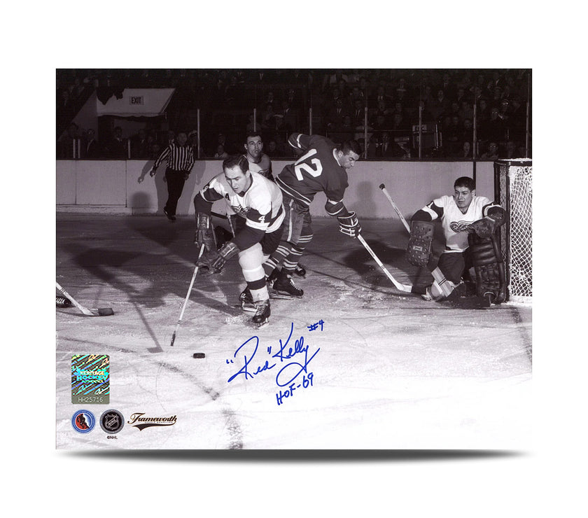 Fotografía vintage de acción de 8 x 10 de los Detroit Red Wings firmada por Red Kelly