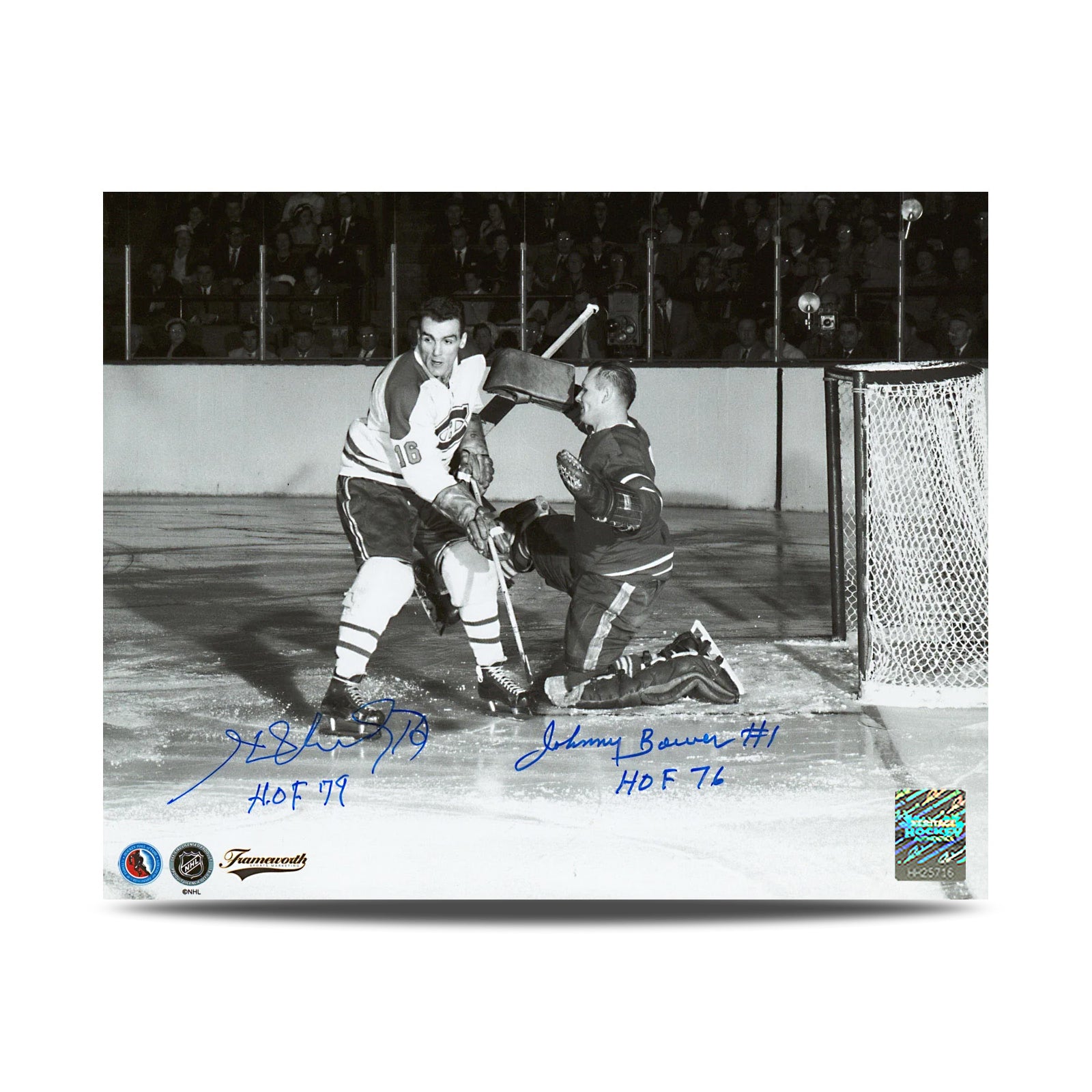 Máscara de portero de los Toronto Maple Leafs firmada por Johnny Bower, foto de 8 x 10