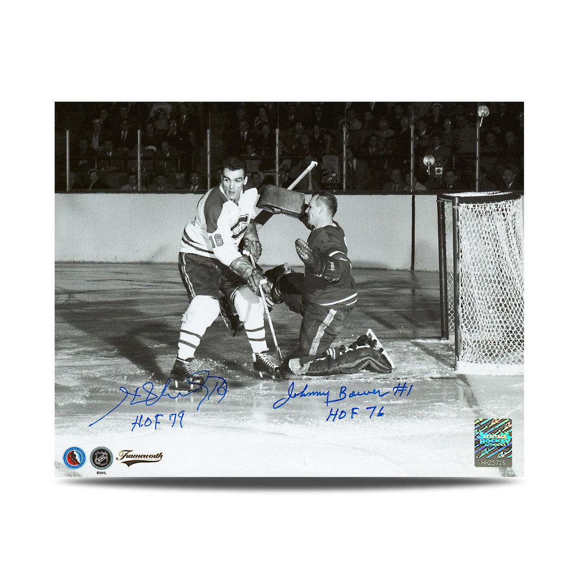 Máscara de portero de los Toronto Maple Leafs firmada por Johnny Bower, foto de 8 x 10