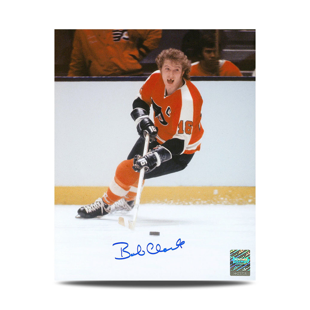 Fotografía de 8 x 10 firmada por Bobby Clarke de Toothless, de los Philadelphia Flyers