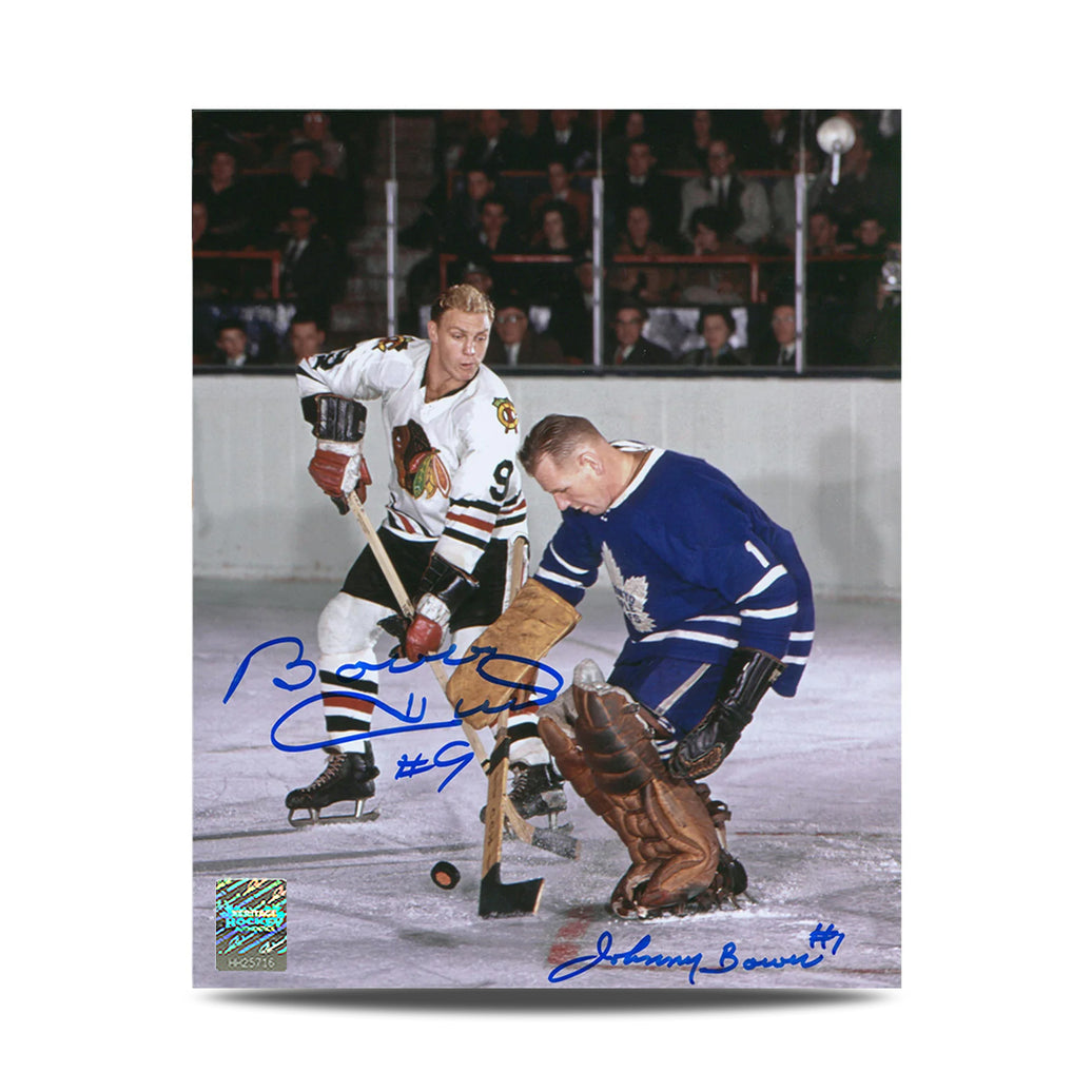 Máscara de portero de los Toronto Maple Leafs firmada por Johnny Bower, foto de 8 x 10