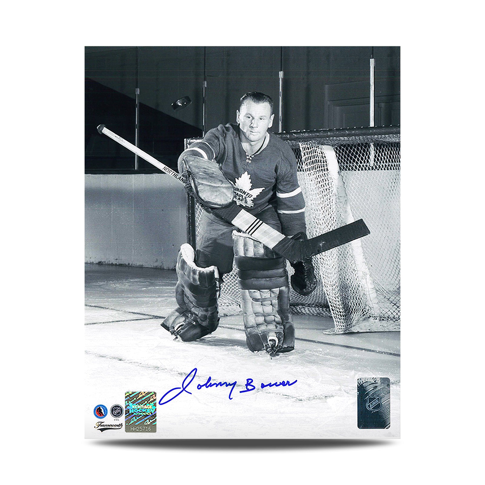 Johnny Bower a signé l'action des Maple Leafs de Toronto enregistrant une photo 8 x 10