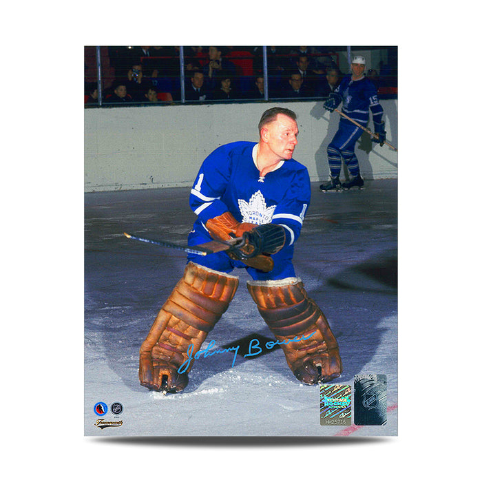 Johnny Bower a signé la photo couleur d'action des Maple Leafs de Toronto 8 x 10