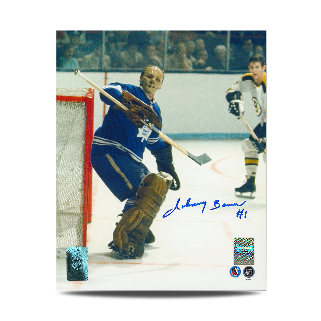Johnny Bower Signed Toronto Maple Leafs Maple Leaf Goalie Mask 8X10 Photo - Heritage Hockey™