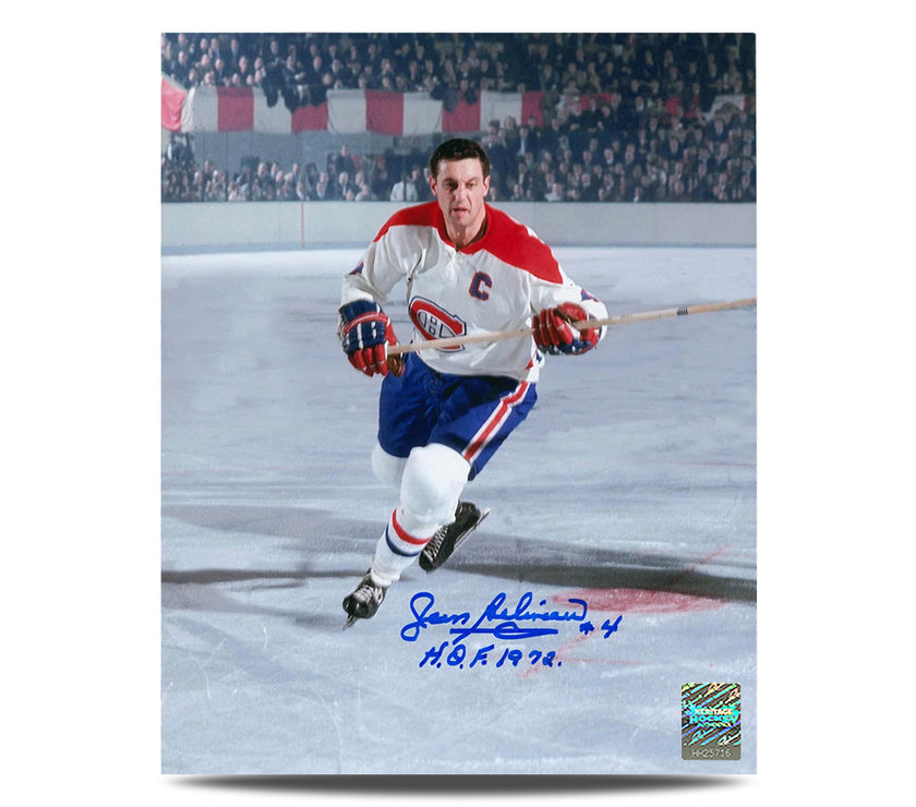 Jean Beliveau Signed Montreal Canadiens Captain Action 8X10 Photo with HOF Note - Heritage Hockey™