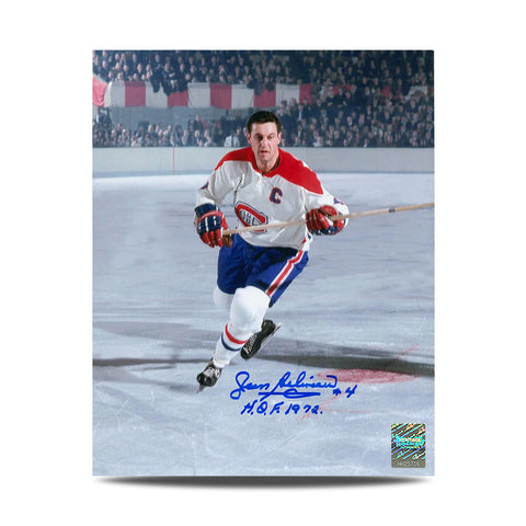 Jean Beliveau Signed Montreal Canadiens Captain Action 8X10 Photo with HOF Note