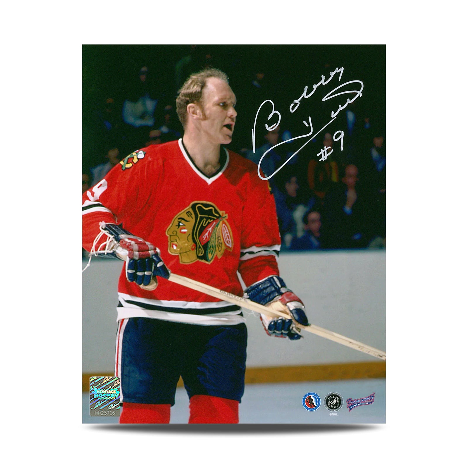Bobby Hull firmó una fotografía de 8 x 10 en primer plano de los Chicago Blackhawks