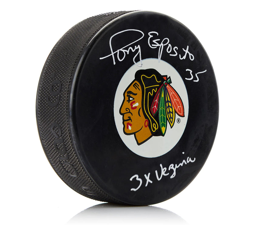 Tony Esposito Signed Chicago Blackhawks Puck with 3X Vezina Note