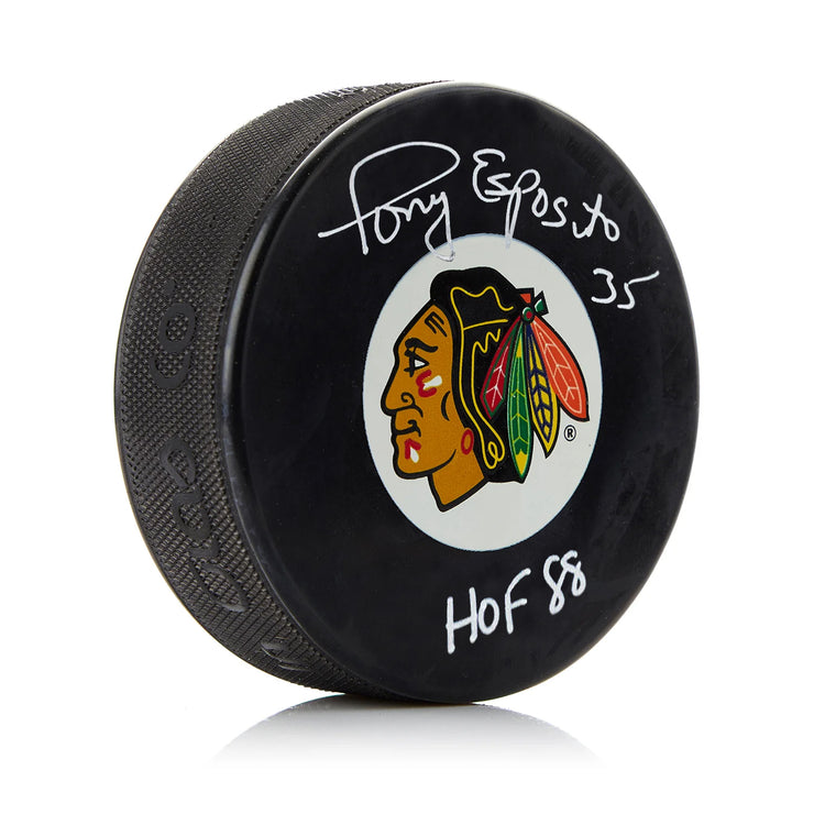 Tony Esposito Signed Chicago Blackhawks Puck with HOF Note