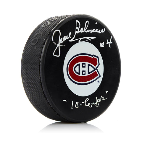 Jean Beliveau Signed Montreal Canadiens Puck with 10 Cups Note
