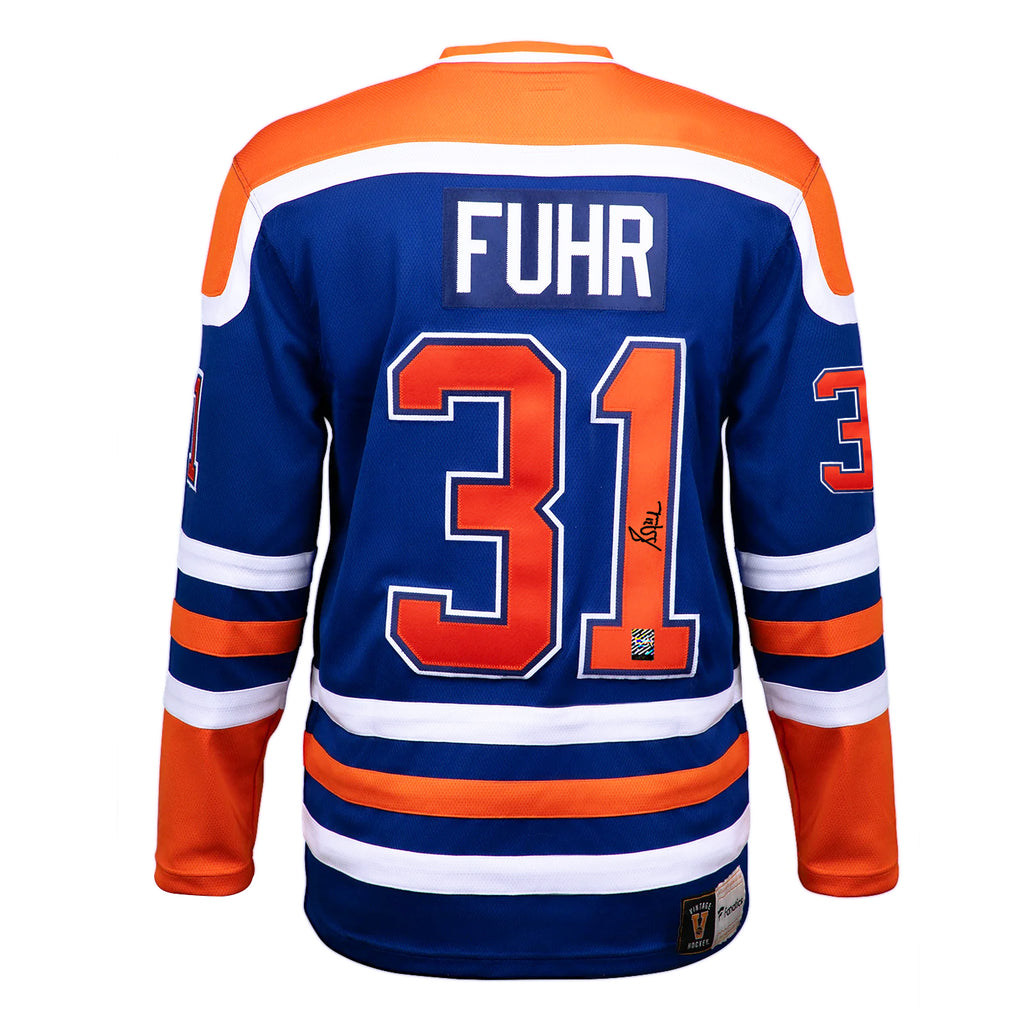 Camiseta vintage de los Edmonton Oilers firmada por Grant Fuhr