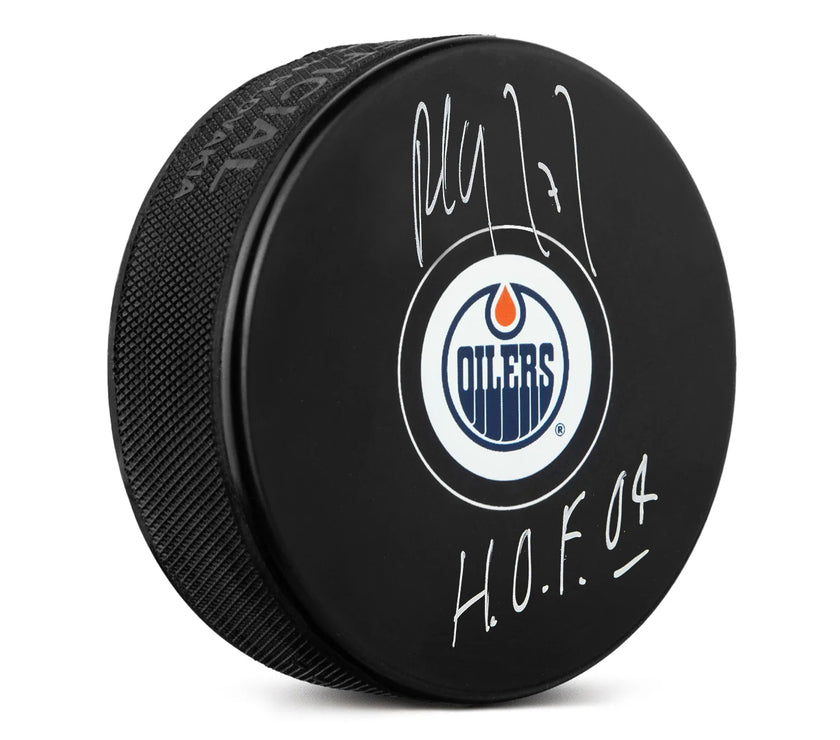 Paul Coffey Signed Edmonton Oilers Puck With HOF Note