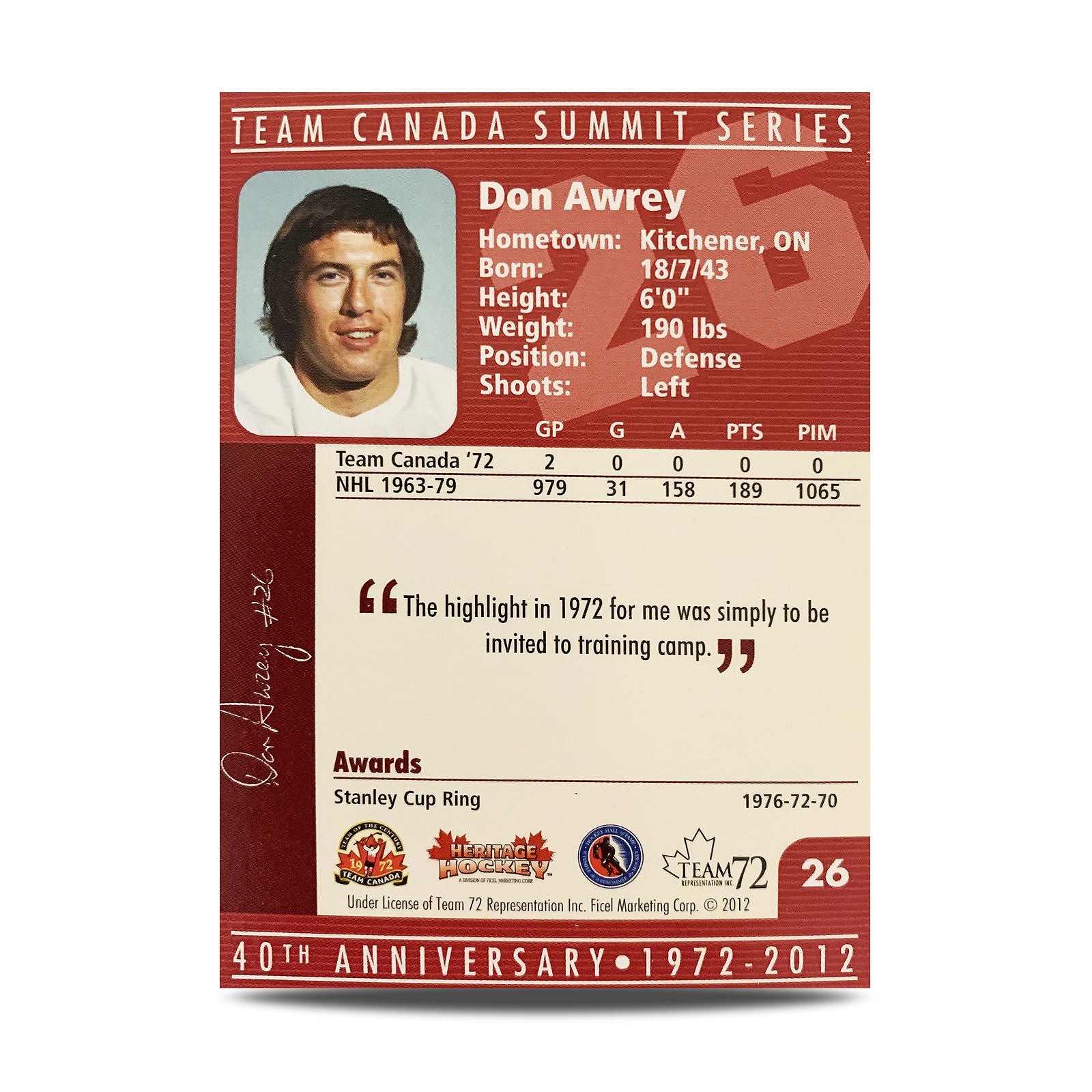 Don Awrey #26 Carte officielle signée du 40e anniversaire d'Équipe Canada 1972
