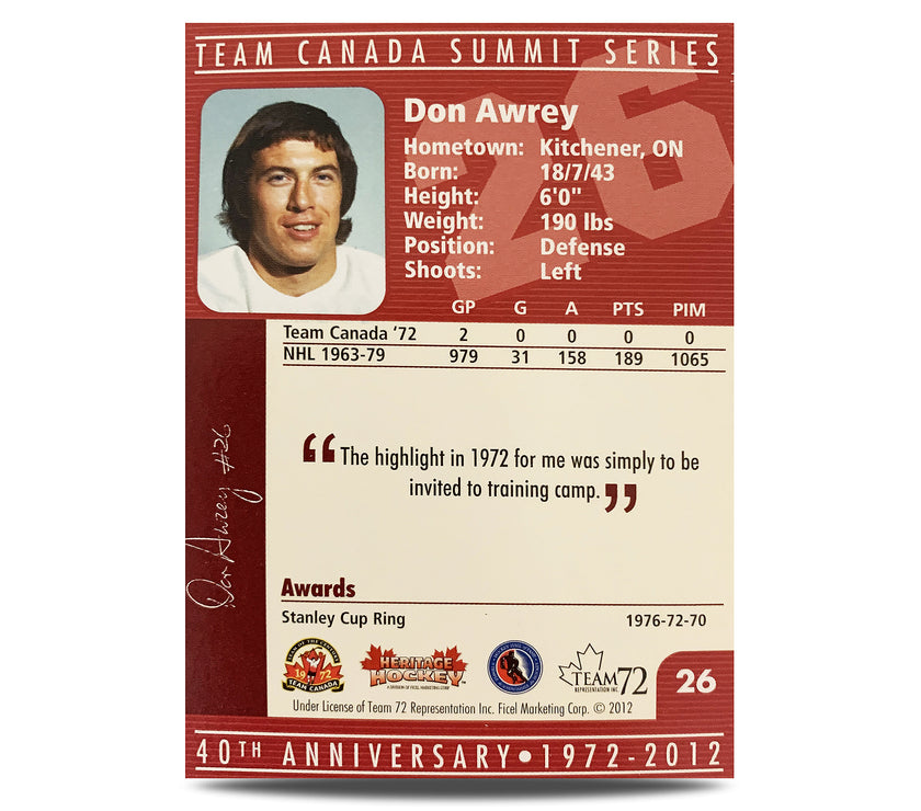 Don Awrey #26 Carte officielle signée du 40e anniversaire d'Équipe Canada 1972