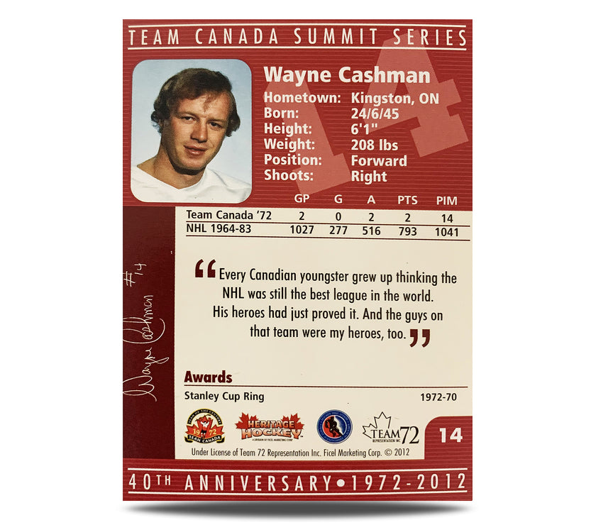 Wayne Cashman #14 Signed Official 40th Anniversary Team Canada 1972 Card