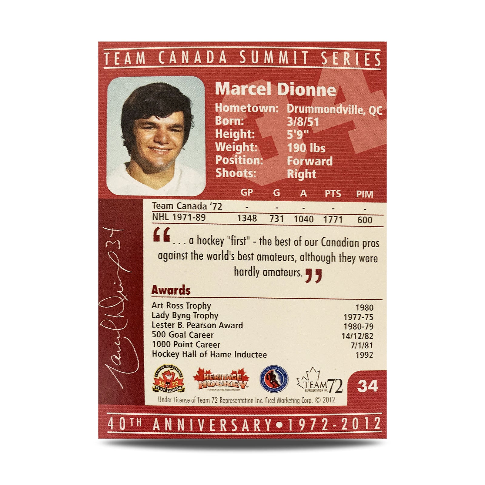 Marcel Dionne #34 Carte officielle signée du 40e anniversaire de l'équipe Canada 1972
