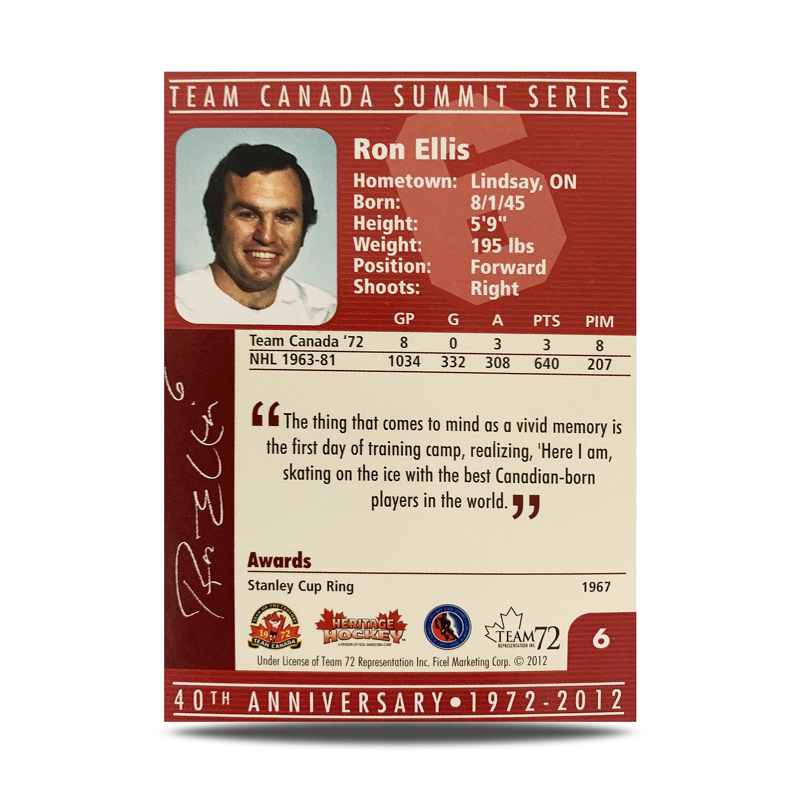 Tarjeta oficial firmada por Ron Ellis #6 del 40.° aniversario del equipo de Canadá de 1972