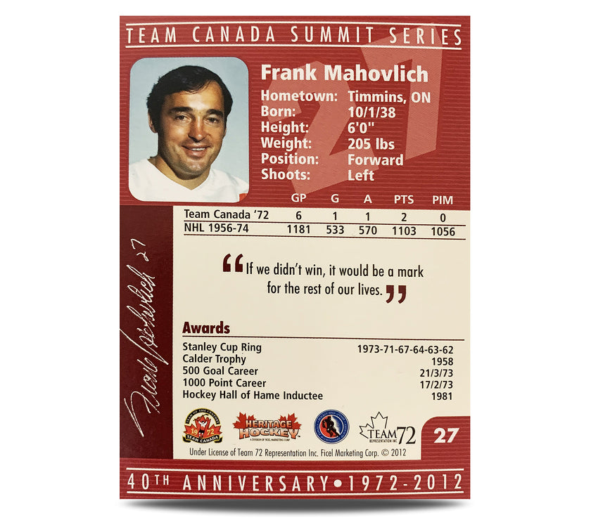 Frank Mahovlich #27 Signed Official 40th Anniversary Team Canada 1972 Card