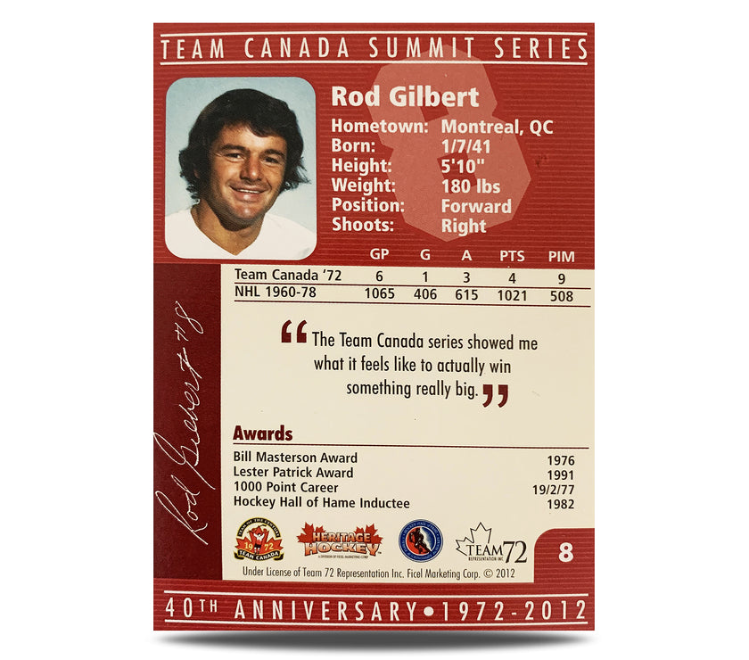 Rod Gilbert #8 Carte officielle signée du 40e anniversaire de l'équipe Canada 1972