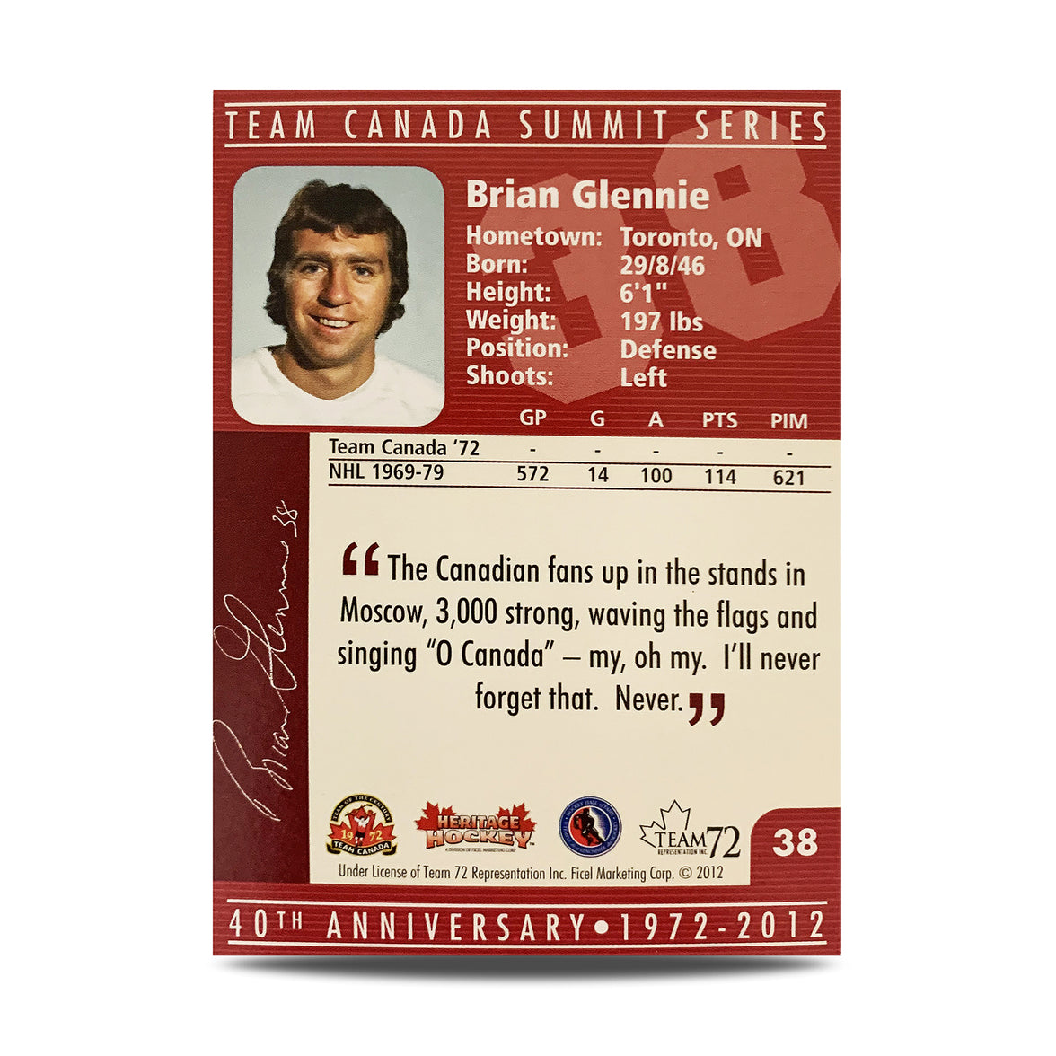 Tarjeta oficial firmada por Brian Glennie #38 del equipo de Canadá del 40.° aniversario de 1972