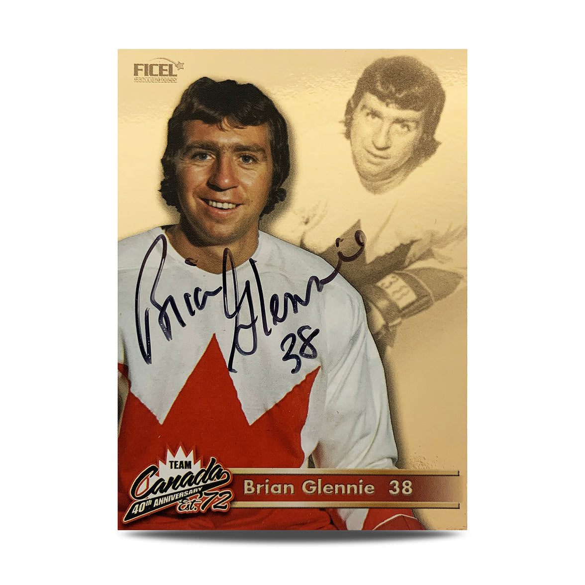 Tarjeta oficial firmada por Brian Glennie #38 del equipo de Canadá del 40.° aniversario de 1972