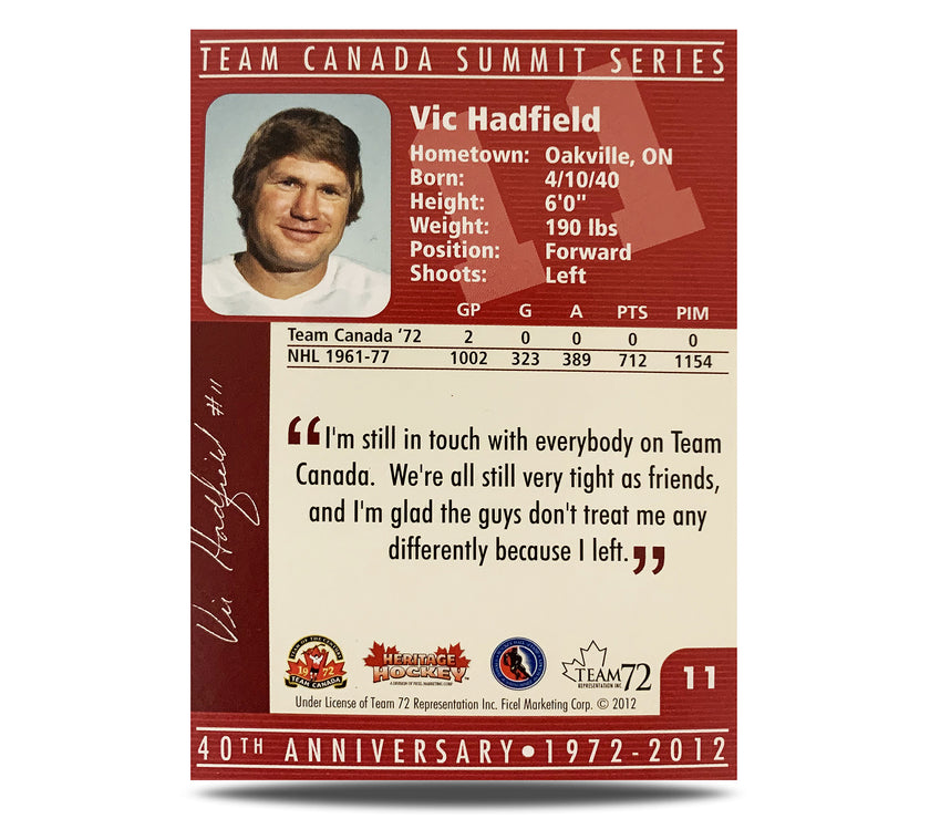 Vic Hadfield #11 Carte officielle signée du 40e anniversaire de l'équipe Canada 1972