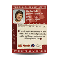 Vic Hadfield #11 Carte officielle signée du 40e anniversaire de l'équipe Canada 1972