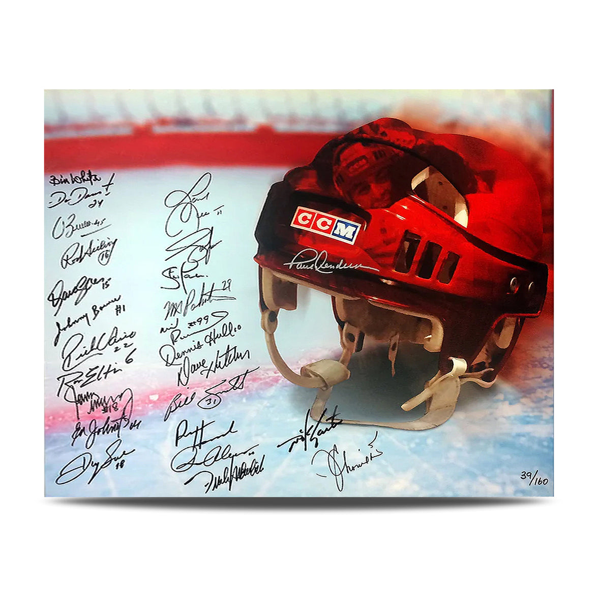 Impression sur toile de casque de hockey vintage en édition limitée multi-signée - 25 signatures