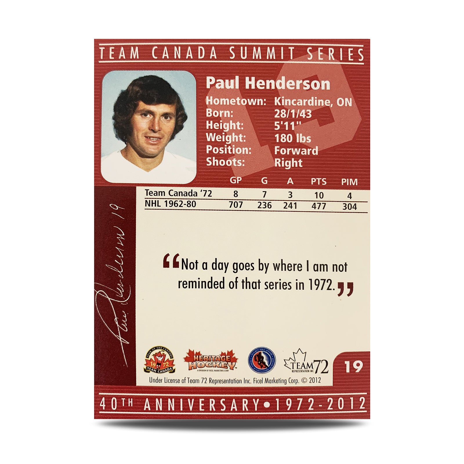 Tarjeta oficial firmada por el equipo de Canadá del 40.° aniversario de 1972, número 19 de Paul Henderson