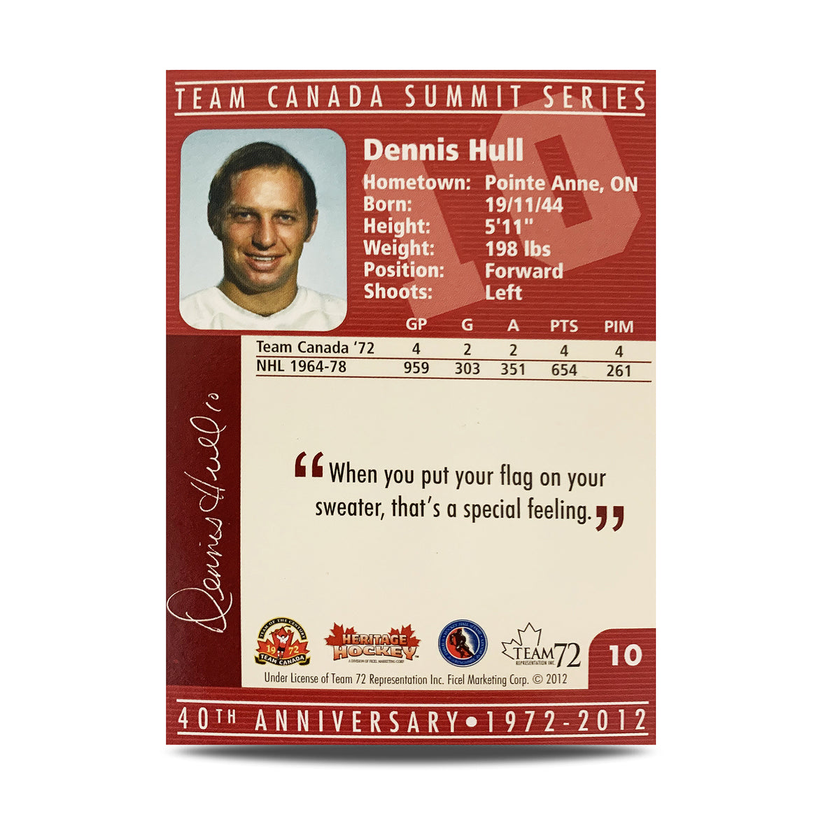 Dennis Hull #10 Carte officielle signée du 40e anniversaire de l'équipe Canada 1972