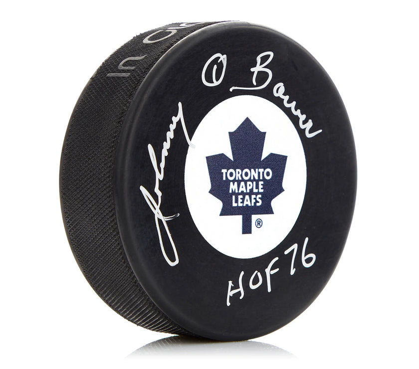 Johnny Bower Signed Toronto Maple Leafs Puck with HOF Note
