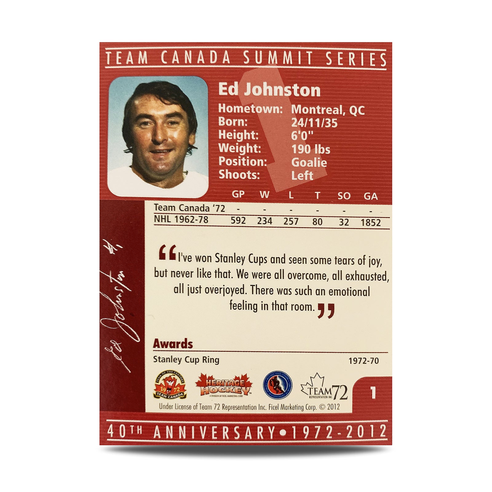 Ed Johnston #1 Signed Official 40th Anniversary Team Canada 1972 Card