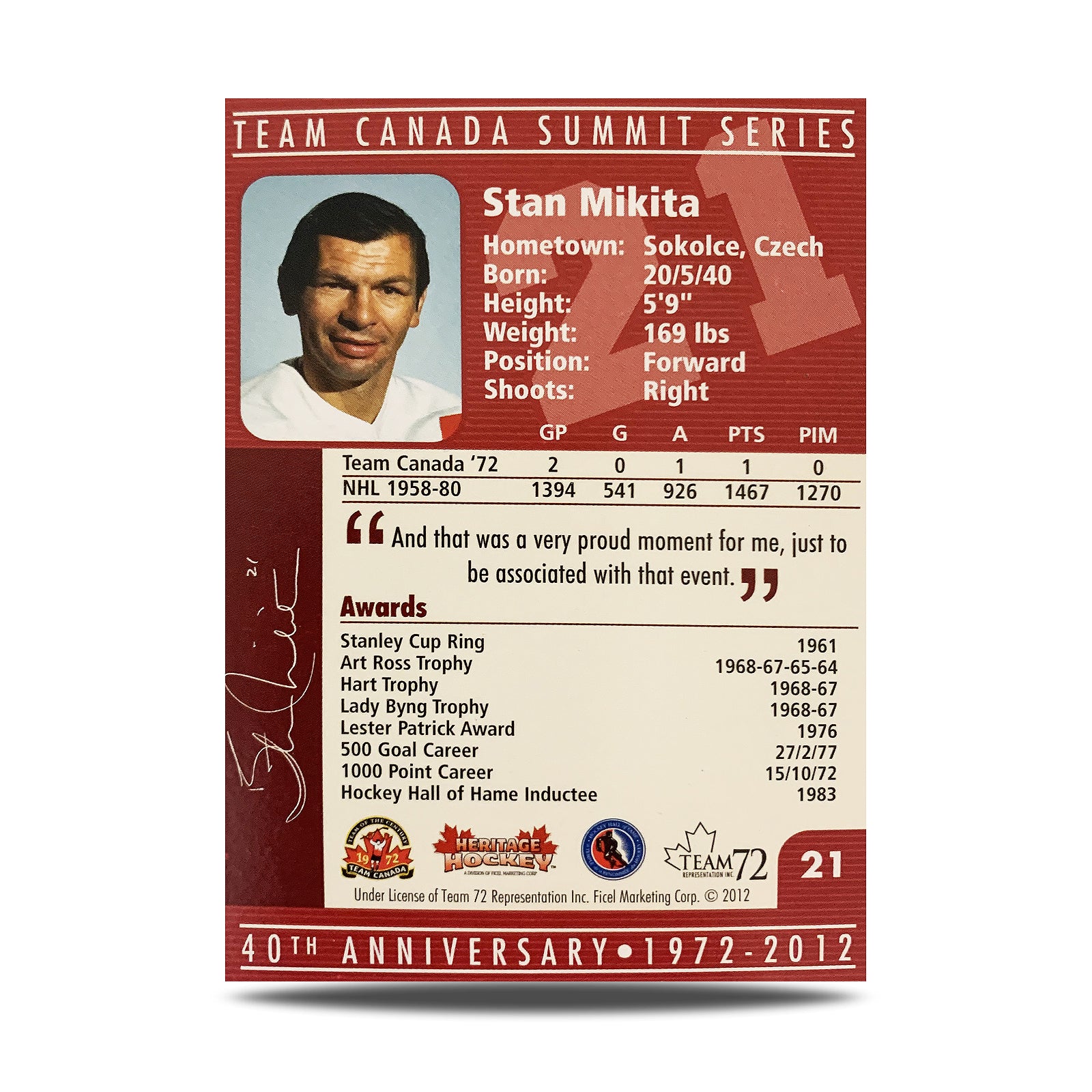 Stan Mikita #21 Signed Official 40th Anniversary Team Canada 1972 Card