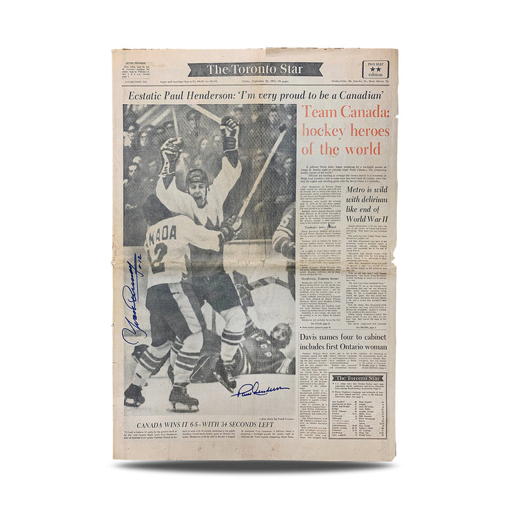 Paul Henderson e Yvan Cournoyer firmado original el 29 de septiembre de 1972 Toronto Star Newspaper